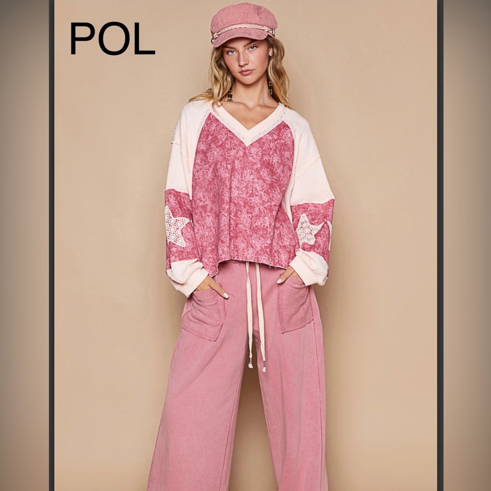 BP30💕NEW! POL playful pink+cream v-neck w/star details perfect 4 office2 out!💕 - Picture 2 of 7